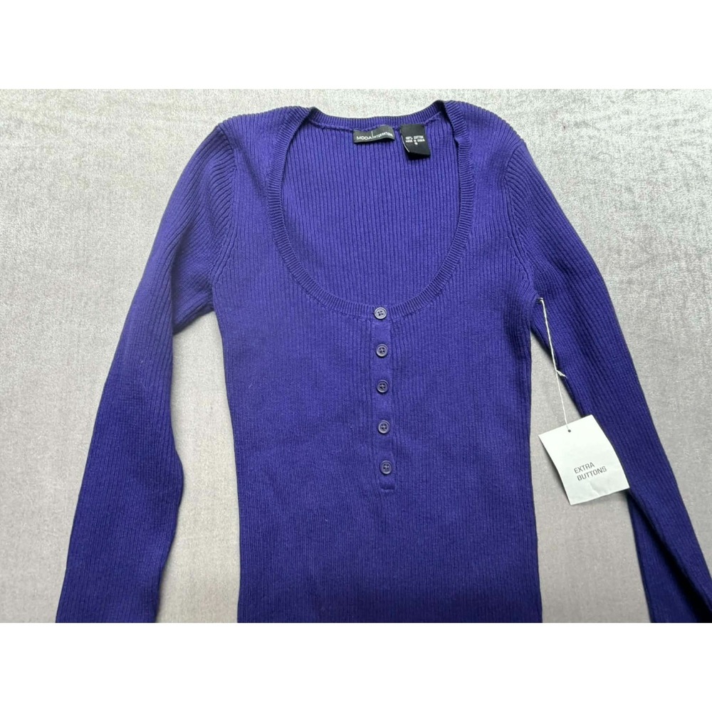 New‎ Moda International Sweater Pullover Button Size Small Blue 100% Cotton